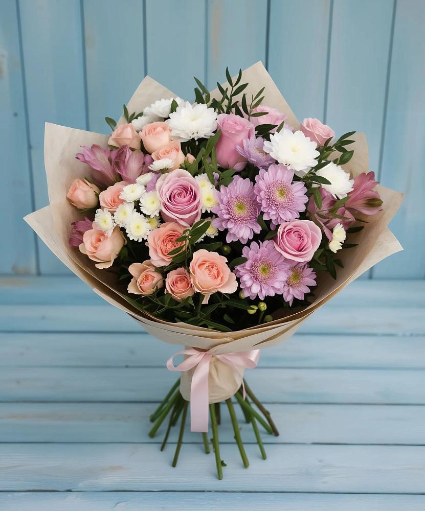 Букет цветов из: Хризантемы, Розы и Альстромерии в Новомихайловском