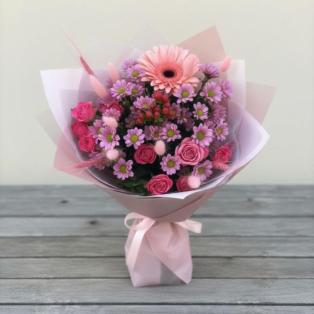 Букет цветов из: Розы, Герберы и Хризантемы в Новомихайловском