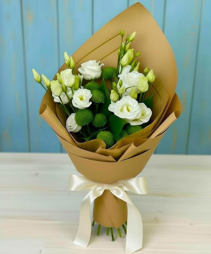 Букет цветов из: Хризантемы и Лизиантусы в Новомихайловском