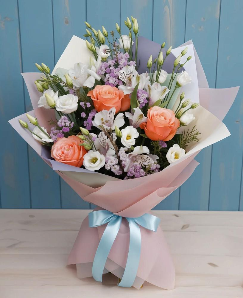 Букет цветов из: Лизиантусы, Розы, Альстромерии и Гипсофила в Новомихайловском