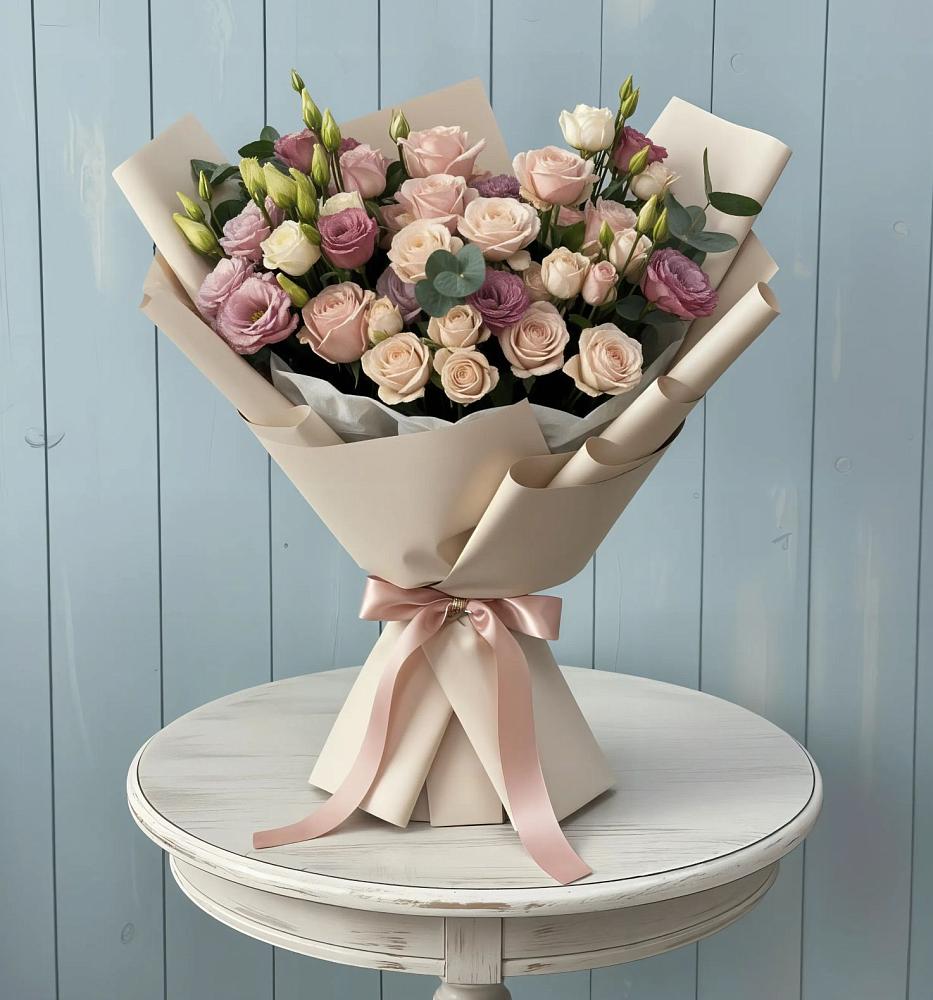 Букет цветов из: Розы и Лизиантусы в Новомихайловском